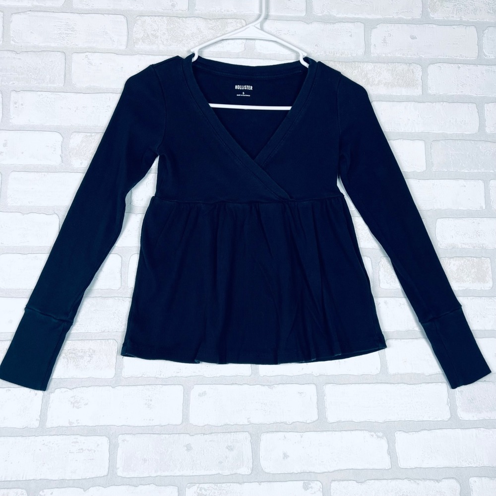 Hollister Womens Navy Blue Ribbed Babydoll Faux Wrap Long Sleeve Top Small/ XS
